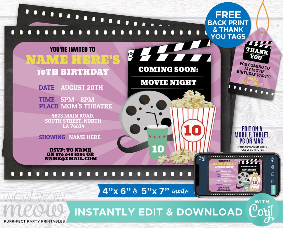 Movie Birthday Party Invitation GIRLS Night DOWNLOAD Cinema Film Invite ...
