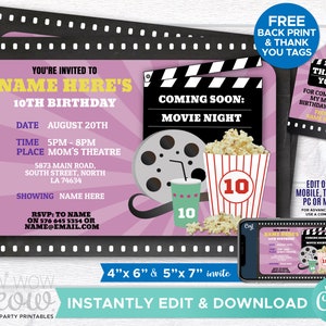 Movie Birthday Party Invitation GIRLS Night DOWNLOAD Cinema Film Invite Popcorn Any Age Pink Girls Personalize Editable Printable WCBK021