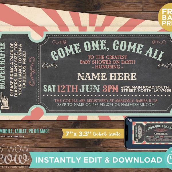 Pastel Circus Baby Shower Invite Carnival Invitations Gender Reveal DOWNLOAD Ticket Admit One Couples Personalize Editable Printable WCBS062