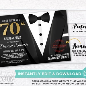 May include: A black and white invitation for a 70th birthday party. The invitation features a tuxedo graphic with a gold number 70. The text reads "You're invited to a 70th Birthday Party Honoring Daniel Smith Saturday July 20th @ 6PM Dress to impress & join us at Gold's Wine & Champagne Bar 3746 Main Road, South Street. North Town CA 86567 RSVP to NAME on 576 746 5343 or NAME@EMAIL.COM".