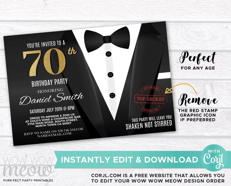 May include: A black and white invitation for a 70th birthday party. The invitation features a tuxedo graphic with a gold number 70. The text reads "You're invited to a 70th Birthday Party Honoring Daniel Smith Saturday July 20th @ 6PM Dress to impress & join us at Gold's Wine & Champagne Bar 3746 Main Road, South Street. North Town CA 86567 RSVP to NAME on 576 746 5343 or NAME@EMAIL.COM".