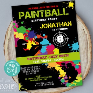 Paintball Invitations Birthday Party Invites Paint Ball Girls Boys Any Age Invite INSTANT DOWNLOAD Digital Tags Editable Printable WCBK022