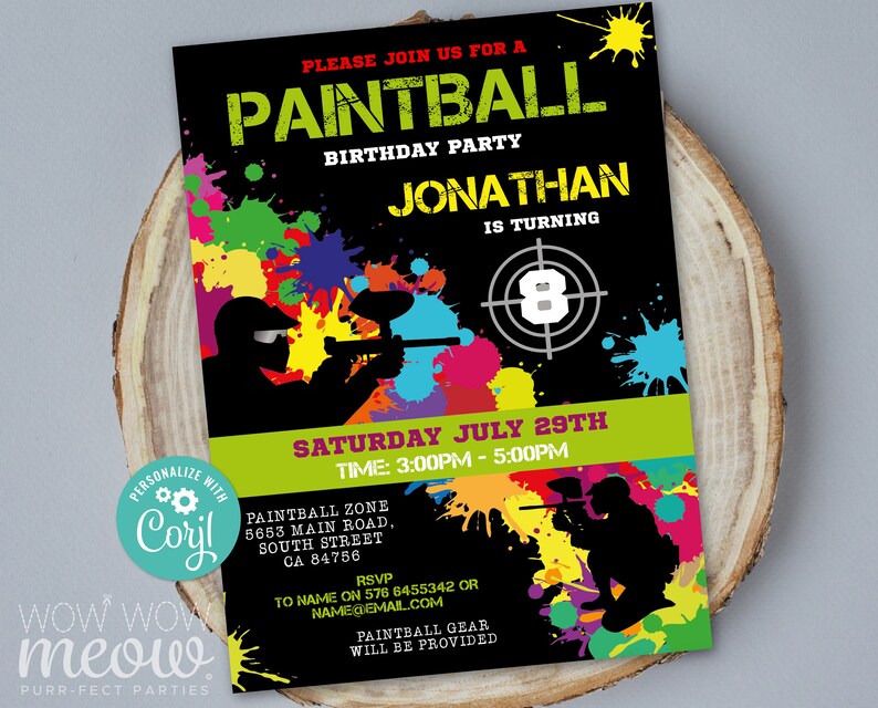 Paintball Invitations Birthday Party Invites Paint Ball Girls Boys Any Age Invite INSTANT DOWNLOAD Digital Tags Editable Printable WCBK022 image 1