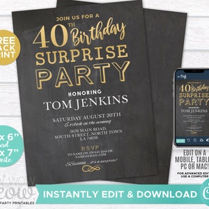 SURPRISE 40th Birthday Invitations Gold Party Invite Elegant Chalk FORTY Mens Womens Instant Download Editable Printable Personalize WCBA037