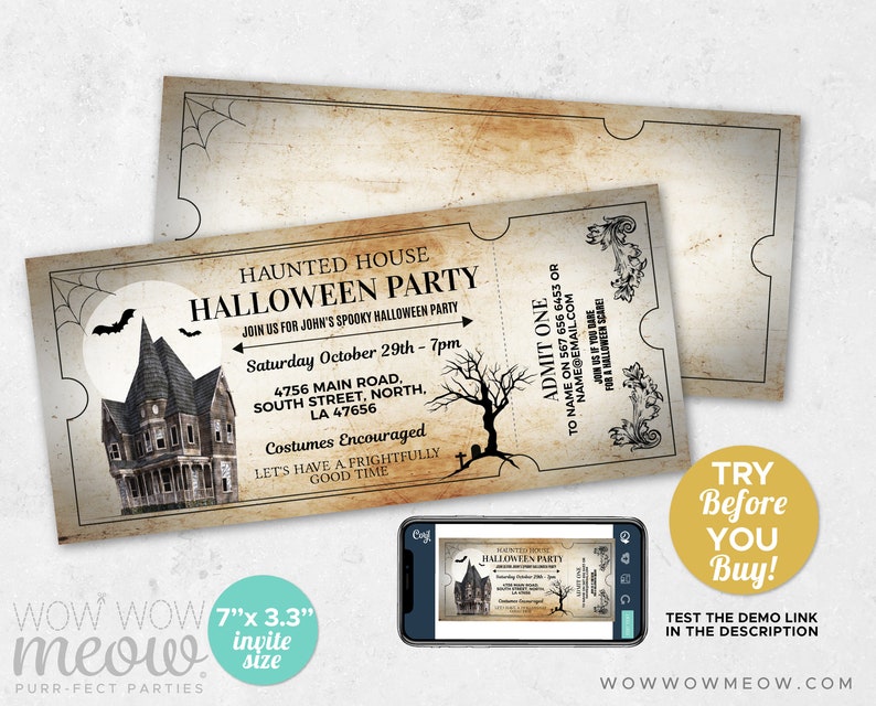 Halloween Invitations Haunted House Tickets Invites Party Printable INSTANT DOWNLOAD Bat Spooky Scare Personalized Editable Edit WCHA015 image 2