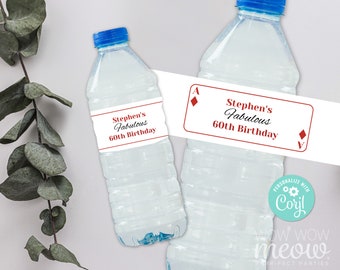 Playing Cards Diamonds Water Bottle Labels Casino Las Vegas Editable Birthday Party Gift Drinks Label Wonderland Download Printable WCBA002