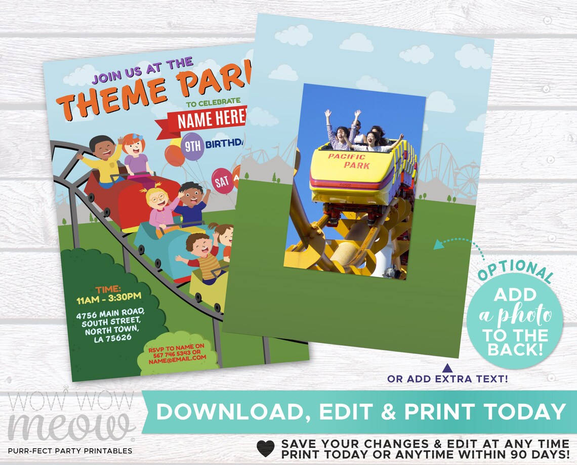 Theme Park Birthday Amusement Invitations Rollercoaster Party Etsy