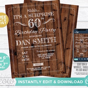 SURPRISE 60th Birthday Invitation Rustic Wood Sixty 60 Invite Party INSTANT DOWNLOAD Womens Mens Male Vintage Age Edit Personalize WCBA015