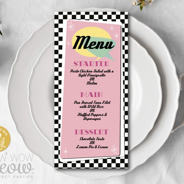 1950s Rock N Roll Menu Dinner Pink Template Package INSTANT DOWNLOAD Fifties Birthday Print Personalize Editable WCBA023