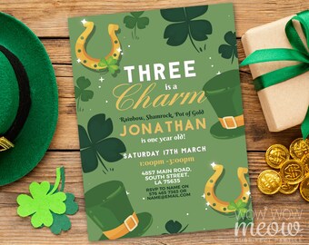 Three is a Charm St Patricks Day 3rd Birthday Invitation Three Invite 3 Party Gold Digital DOWNLOAD Green Horseshoe Personalize WCSTP006