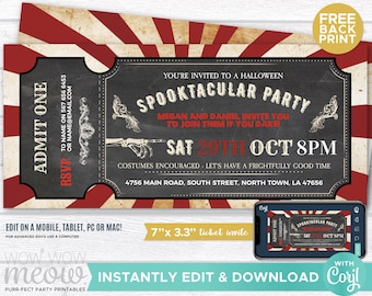 Halloween Invitations Tickets Horror Circus Party Printable INSTANT DOWNLOAD Spooktacular Scary Red Chalk Invite Personalize Edit WCHA012