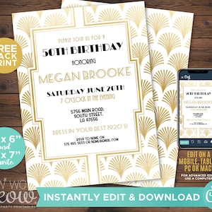Art Deco Birthday Invitation Roaring 20s Invite 1920 Party INSTANT DOWNLOAD Gatsby Gold White Elegant Personalize Editable Printable WCBA159