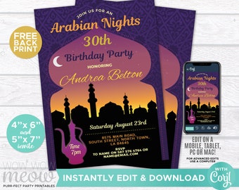 Arabian Nights Birthday Invitations Any Age Invite INSTANT DOWNLOAD Mens Womens Party Eastern Customize Edit Personalize & Printable WCBA074