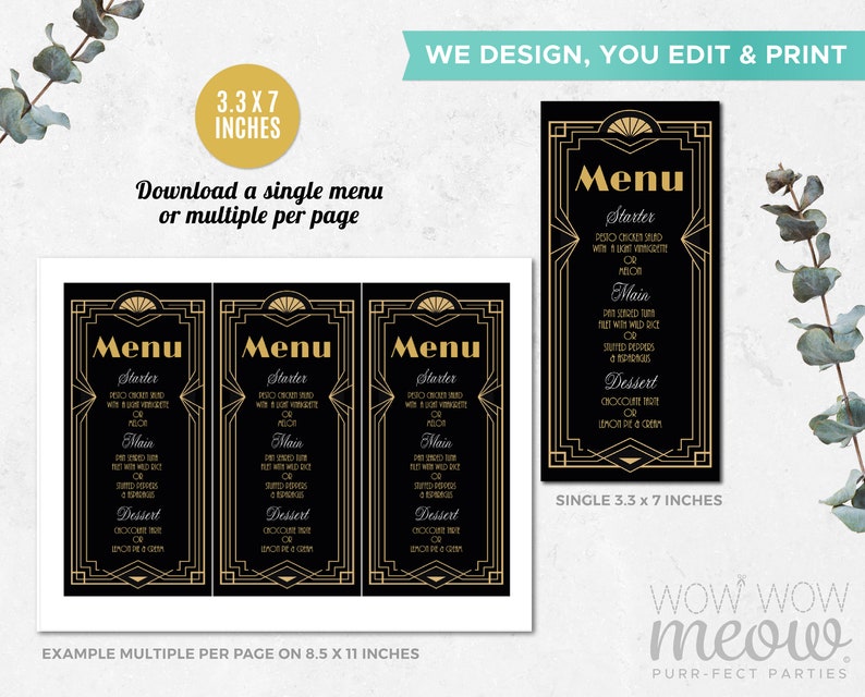 1920s Menu Design Art Deco Menu Dinner 1920s Gatsby Black Gold Template Package INSTANT ...
