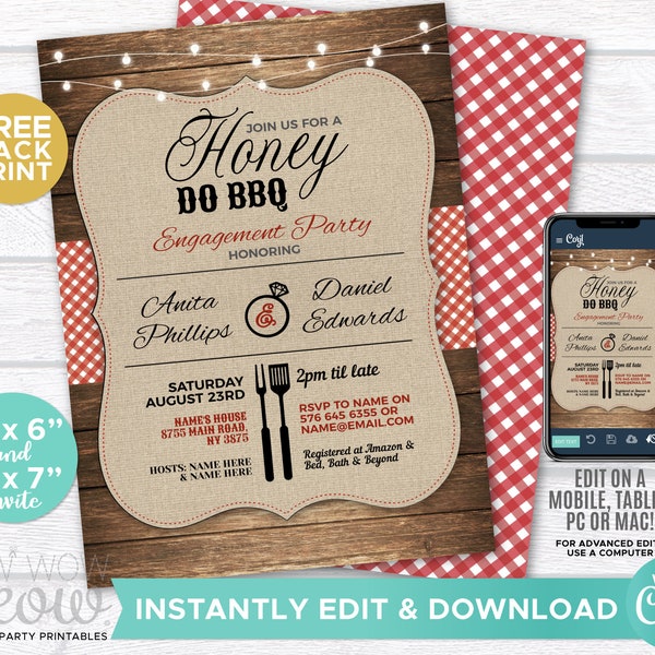 Honey Do BBQ Invitation Couple's Shower Printable Invites Engagement Party INSTANT DOWNLOAD Lights Red Check Personalize Editable WCWE009