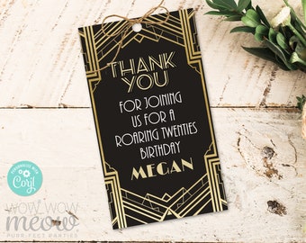 Art Deco Thank You Tags 1920 Gatsby Gold Black Roaring 20s Birthday Party Gift Favour Cards Label Download Editable Printable WCBA091