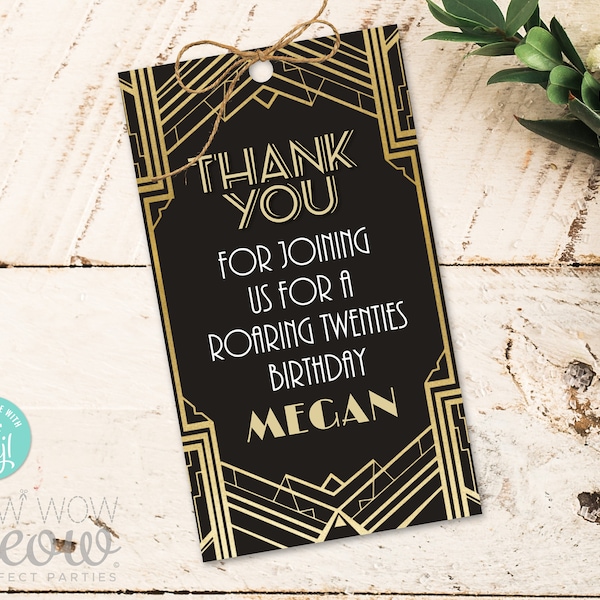 Art Deco Thank You Tags 1920 Gatsby Gold Black Roaring 20s Birthday Party Gift Favour Cards Label Download Editable Printable WCBA091