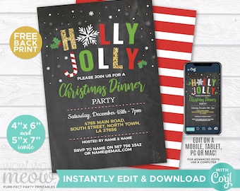 May include: A chalkboard-style Christmas dinner party invitation with the words "Holly Jolly" in gold glitter, green, and red. The invitation includes event details and is available in 4" x 6" and 5" x 7" sizes. A smartphone displays the invitation.