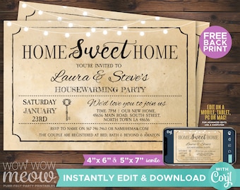 Housewarming Invitation Home Sweet Rustic Home New House Invite Couples Party Vintage Key INSTANT DOWNLOAD Digital Printable Edit WCHW001