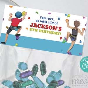 Escalade anniversaire traiter sac en-têtes Party Toppers faveurs cadeau - intérieur escalade mur cartes de sport étiquette télécharger modifiable WCBK451