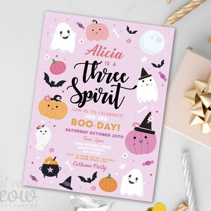 EDITABLE Three Spirit Halloween Birthday Invitations 3rd Cute Costume Children&#39;s Party Invite Printable Pink Pumpkin Personalized WCHA118