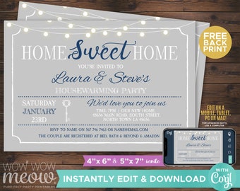 Housewarming Invitation Home Sweet Rustic Home New House Invite Couples Party Vintage Key INSTANT DOWNLOAD Grey Navy Printable Edit WCHW001