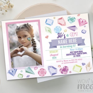 May include: A personalized birthday party invitation with a photo of a young girl making a heart shape with her hands. The invitation features colorful gem illustrations and the text "She's a GEM!" with space for the name and age.