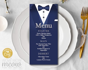 Tuxedo Tie Menu Dinner Dark Blue Silver Template Package INSTANT DOWNLOAD Secret Agent Birthday Set Matching Personalize Editable WCBA033