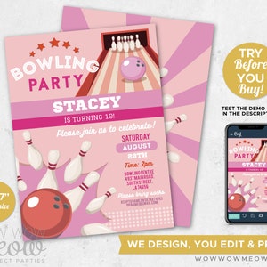 Bowling Birthday Pink Bundle EDITABLE Invites Girls Invitations Package Download Children's Party WCBK553 image 5