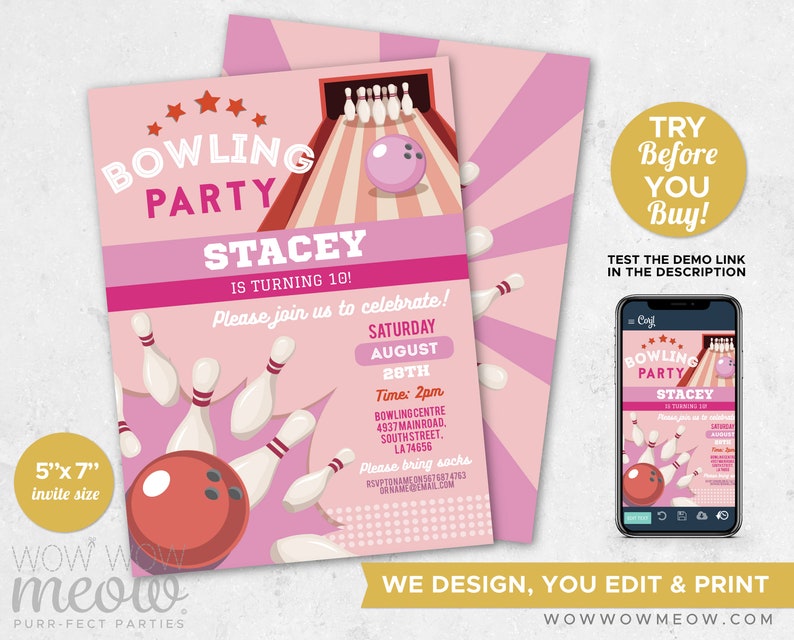 Bowling Birthday Pink Bundle EDITABLE Invites Girls Invitations Package Download Children's Party WCBK553 image 5