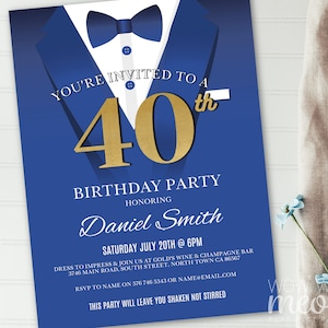 40th Birthday Invite Royal Blue Invitation FOURTY Gold Black Tie Secret Agent Party INSTANT Editable Tuxedo Personalize Printable WCBA033