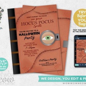 May include: Halloween party invitation with a book-like design. The invitation features the text "Hocus Pocus Spells" and "Halloween Party". The invitation includes the date, time, and location. A smartphone displays the invitation. The invitation is 4"x6" and 5"x7".