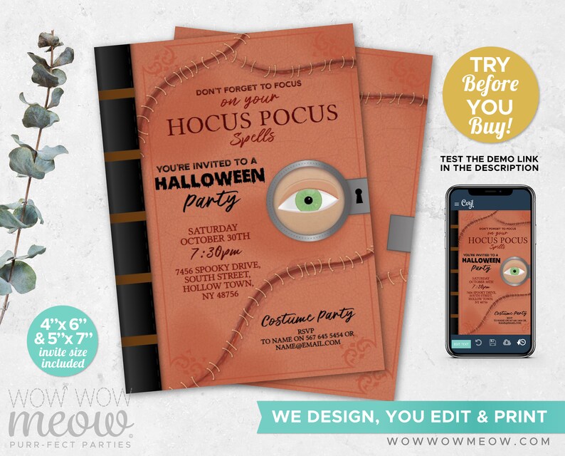 May include: Halloween party invitation with a book-like design. The invitation features the text "Hocus Pocus Spells" and "Halloween Party". The invitation includes the date, time, and location. A smartphone displays the invitation. The invitation is 4"x6" and 5"x7".