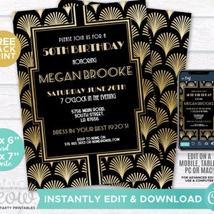 Birthday Invitation Gatsby Roaring 20s Invite Party INSTANT DOWNLOAD Art Deco Gold Black Elegant Personalize Editable Printable WCBA159