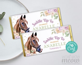 Horse Birthday Chocolate Bar Wrapper Birthday Girls Pony Horse Riding Floral Candy Editable Instant Download Label Printable WCBK423