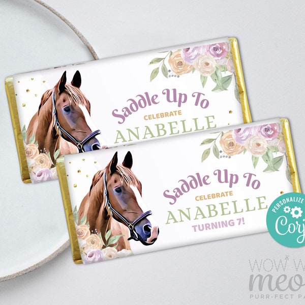 Horse Birthday Chocolate Bar Wrapper Birthday Girls Pony Horse Riding Floral Candy Editable Instant Download Label Printable WCBK423