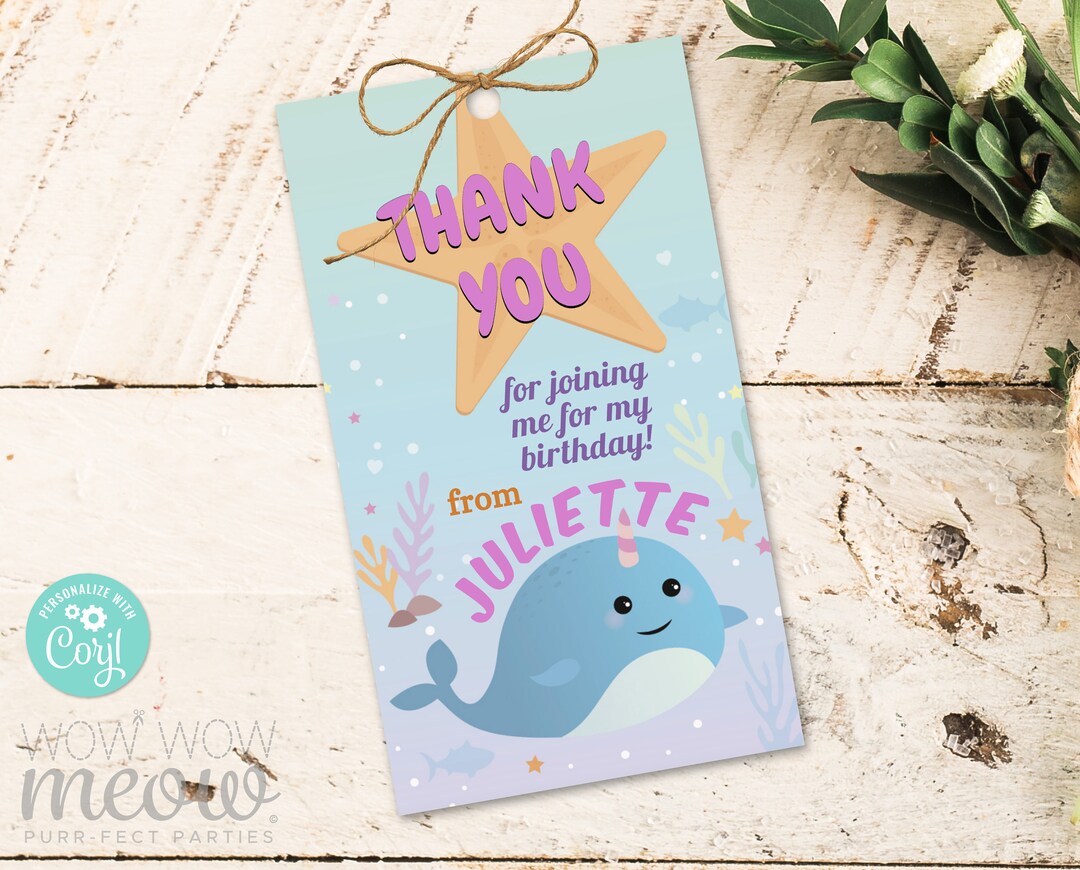 Narwhal Thank You Tags Birthday Party Gift Tags Pool Swimming Sea Ocean ...