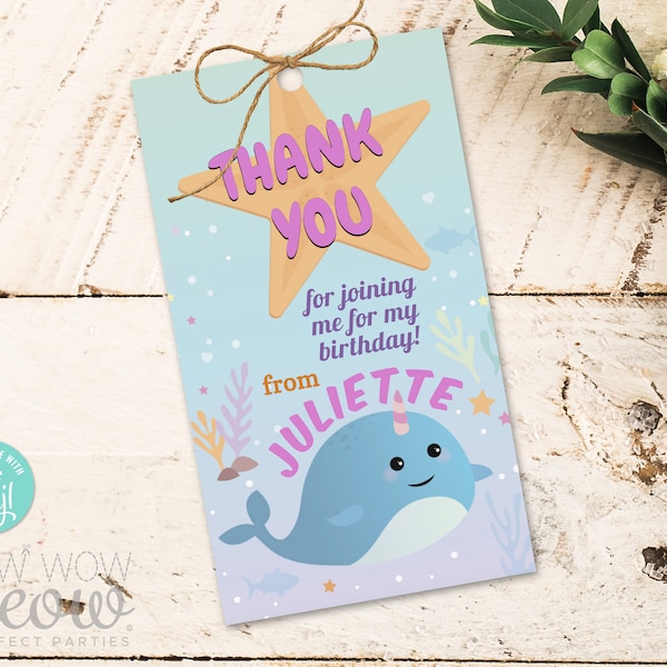 Narwhal Thank You Tags Birthday - Party Gift Tags - Pool Swimming Sea Ocean Favour Label Under Sea Starfish Ocean Download Editable WCBK043