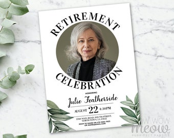 Retirement Invitation Photo Womens Leaves Mens Editable Retired Confetti DOWNLOAD Customize Male Printable Celebration Personalize WCRE058