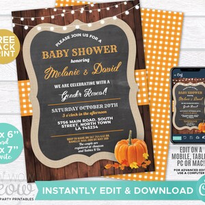 Baby Shower Pumpkin Fall Invitation Gender Reveal Harvest INSTANT DOWNLOAD Autumn Rustic Personalize Party Invite Editable Printable WCBS005