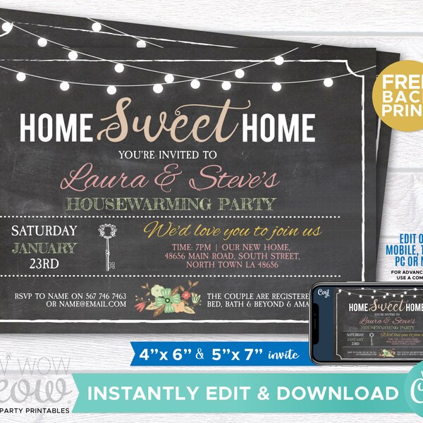 Housewarming Invitation New House Invite Home Sweet Couples Party Chalk INSTANT DOWNLOAD Vintage Lights Digital Printable & Editable WCHW012