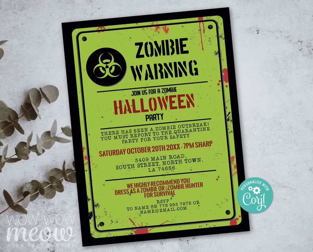 Halloween Zombie Invitations Party Warning Printable Scare Etsy