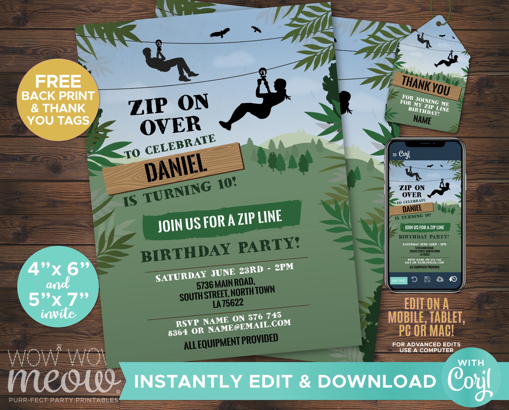 Zip Line Birthday Invitations Outdoor Adventure Park ANY Age - Etsy