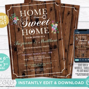 May include: A printable housewarming party invitation with a rustic wood background. The invitation features the text "Home Sweet Home" with a key and heart design. The invitation is for Suzanna & Matthew and includes the date, time, and location of the party. The invitation also includes a note about the couple's registry at Amazon and Bed Bath & Beyond. The invitation is available for instant download and editing.