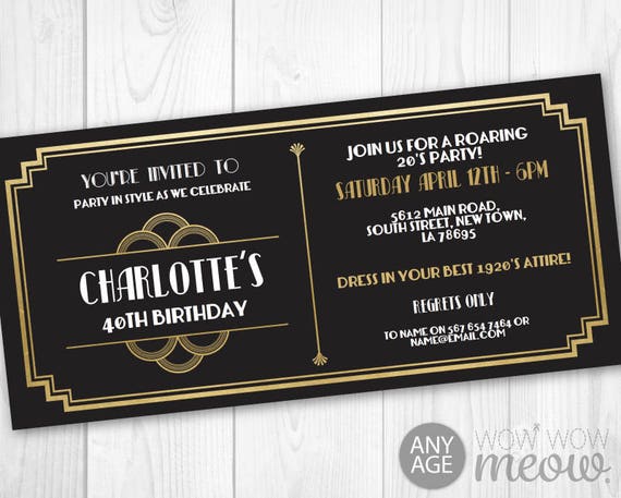 art deco tickets birthday roaring 20s invitation invite 1920s etsy