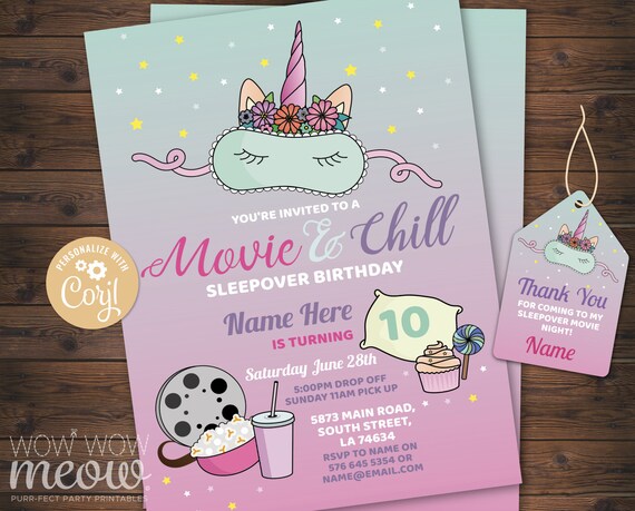 Girls Movie Night Invitation Sleepover Birthday Film Party Slumber.