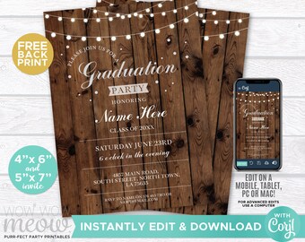 Graduation Party Invitation Rustic Invite INSTANT DOWNLOAD Girl's Wood University Elegant Digital Party Invite Editable Printable WCGR012