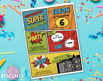 Editable Superhero Invite Boy's Invitation Party Digital DOWNLOAD Comic Personalize Birthday Bash Celebration Man Red Blue WCBK076