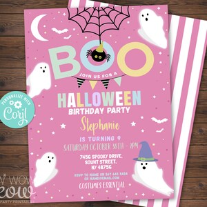 Halloween Birthday Invitations Kid's Girls Costume Pink Boo Children's Party Invite Printable Pastel DOWNLOAD Spider Personalized WCHA104