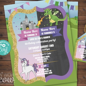 Unicorn & Dragon Birthday Invitations Girl Boy Joint Shared Invite INSTANT DOWNLOAD Castle Princess Gold Printable Party Personalize WCBK367